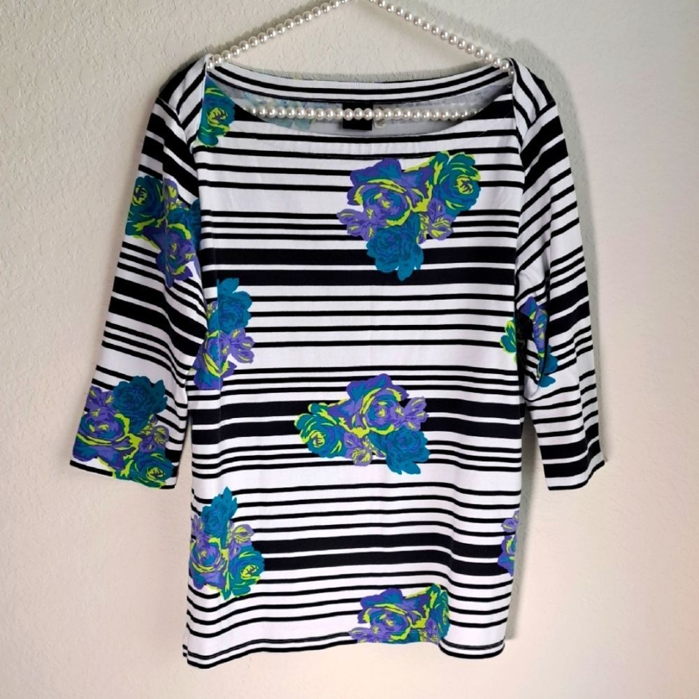 Rafaella Women’s Striped Floral Top Large Black White Boat  Neck 3/4 Sleeve